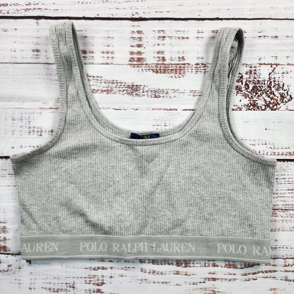 Polo Ralph Lauren Logo Scoop Bralette Women's L Gray Ribbed Cotton Blend
